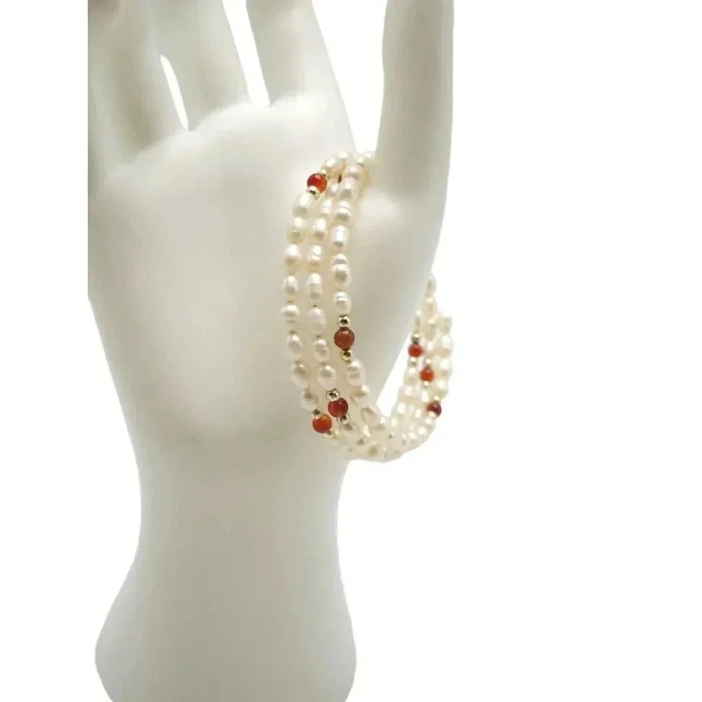 Freshwater Pearl Red Carnelian Wrap Bangle Bracelet Vintage